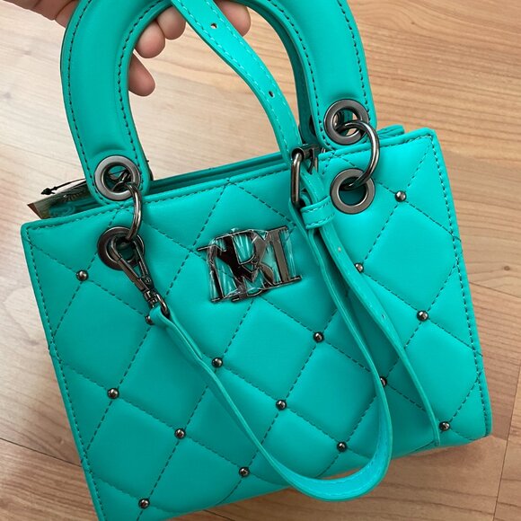 FIRM. $129 Badgley Mischka Diamond Purse, Vegan Leather Studded Branded Gunmetal - Picture 13 of 14